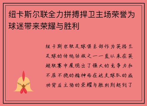 纽卡斯尔联全力拼搏捍卫主场荣誉为球迷带来荣耀与胜利