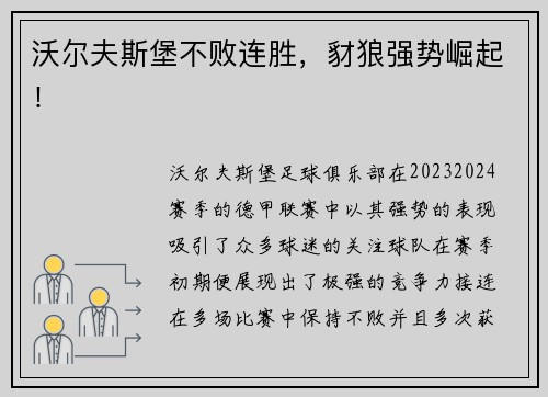 沃尔夫斯堡不败连胜，豺狼强势崛起！
