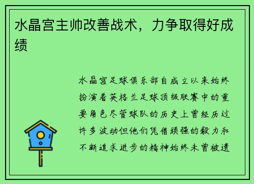 水晶宫主帅改善战术，力争取得好成绩