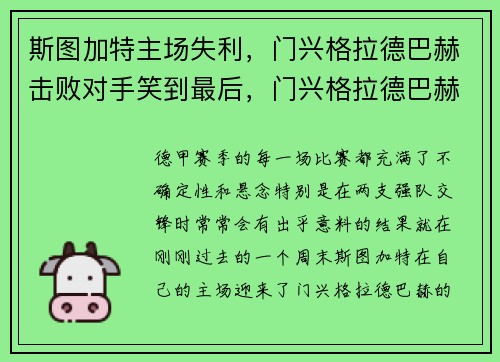 斯图加特主场失利，门兴格拉德巴赫击败对手笑到最后，门兴格拉德巴赫和斯图加特