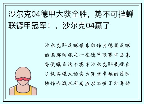 沙尔克04德甲大获全胜，势不可挡蝉联德甲冠军！，沙尔克04赢了
