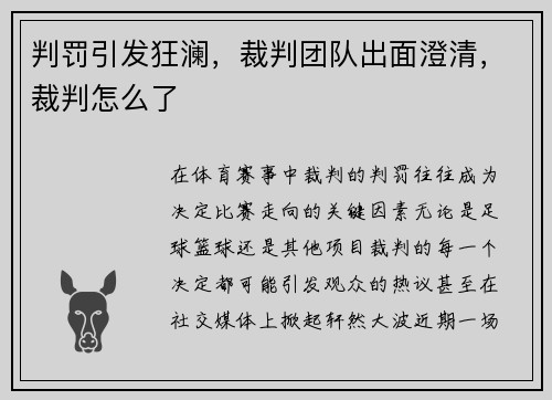 判罚引发狂澜，裁判团队出面澄清，裁判怎么了