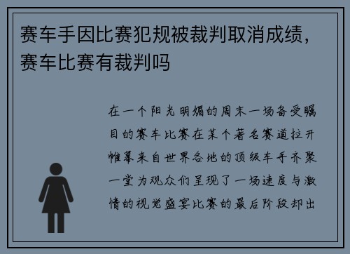 赛车手因比赛犯规被裁判取消成绩，赛车比赛有裁判吗